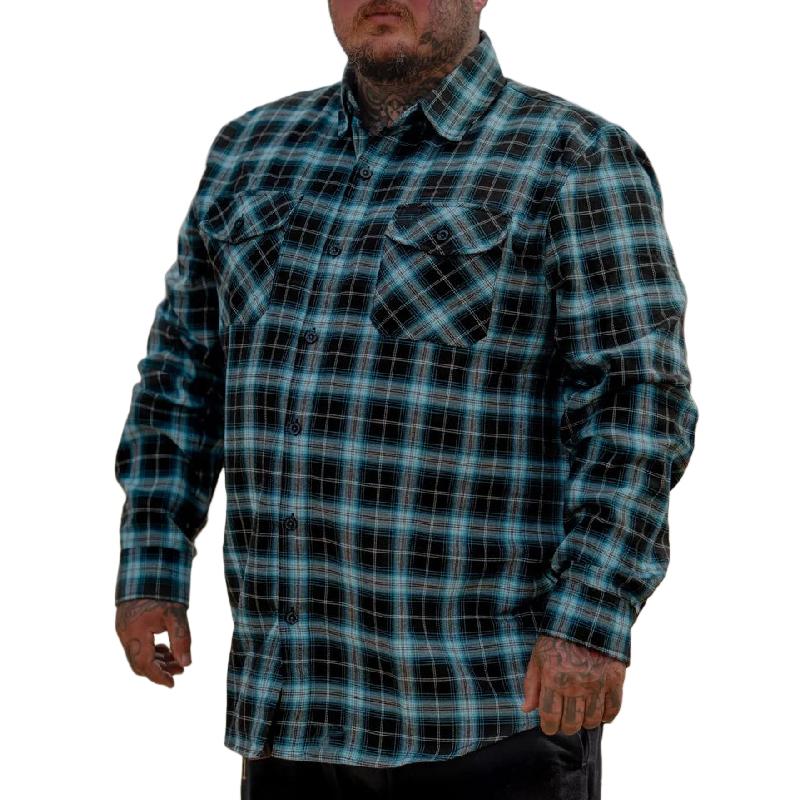 Men's Casual Trendy Blue and Black Plaid Lapel Long-sleeved Shirt 36835553F