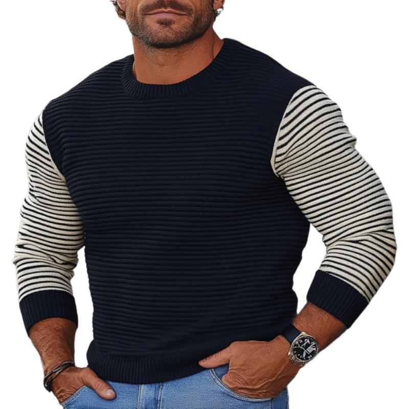 Men's Casual Striped Colorblock Knitted Crew Neck Slim Fit Sweater 07230208Y