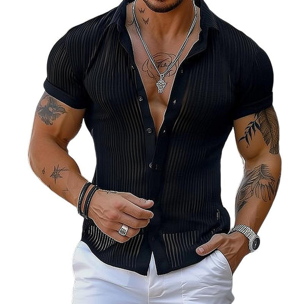 Men's Solid Breathable Striped Lapel Short Sleeve Shirt 10258465Z