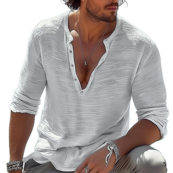 Men's Casual Cotton Linen Henley Collar Loose Long Sleeve T-shirt 84145141M