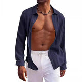 Men's Casual Cotton Linen Blended Lapel Long-sleeved Shirt 62386804M