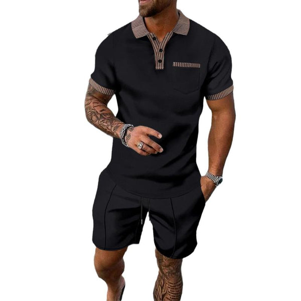 Men's Striped Print Colorblock Short Sleeve Polo Shirt Shorts Set 91515783Y