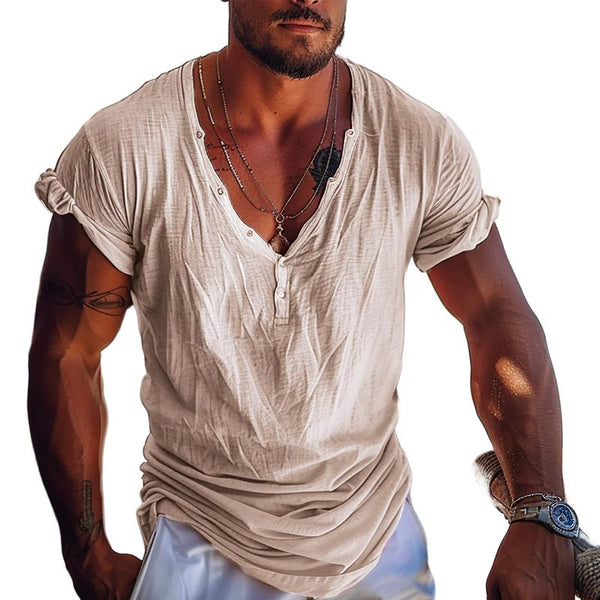 Men's Solid Color Button V-Neck Short Sleeve T-Shirt 40082051Y
