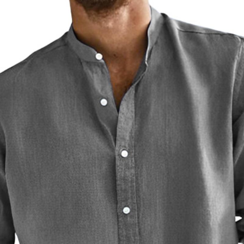 Men's Casual Solid Color Cotton and Linen Stand Collar Long Sleeve Shirt 79271978Y