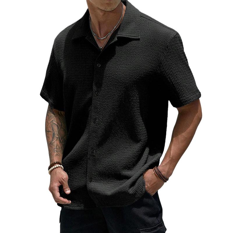 Men's Casual Solid Color Pleated Lapel Slim Fit Short Sleeve Shirt 30281622M