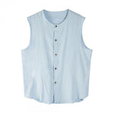 Men's Cotton and Linen Round Neck Single Breasted Sleeveless Tank Top 87170554Y