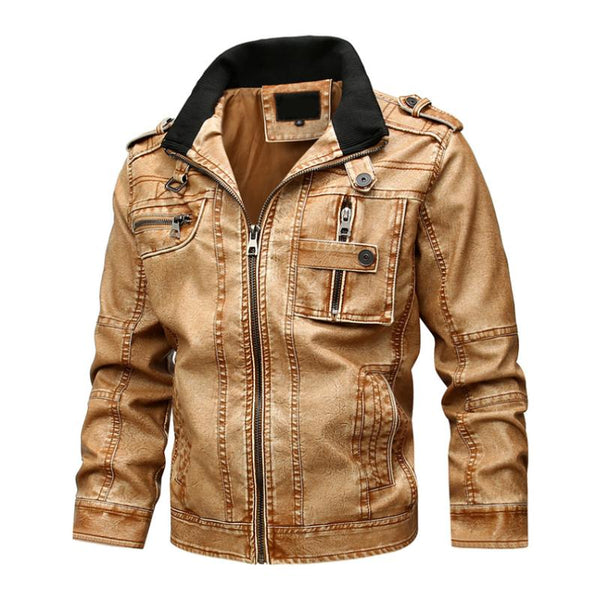 Men's Vintage Stand Collar Multi-Pocket Zippered Leather Motorcycle Jacket 41400561M