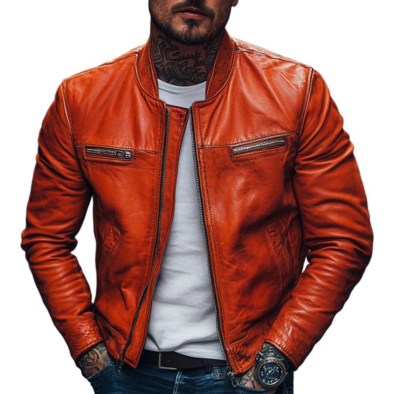 Men's Classic Casual Baseball Collar Leather Jacket 12634673F