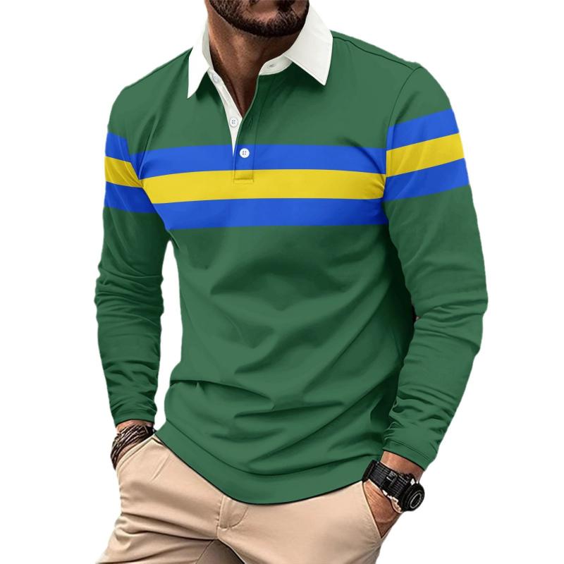 Men's Retro Striped Colorblock Button Lapel Long Sleeve Polo Shirt 92967913Y