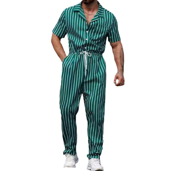 Men's Retro Casual Striped Short Sleeve Jumpsuit 19897248TO