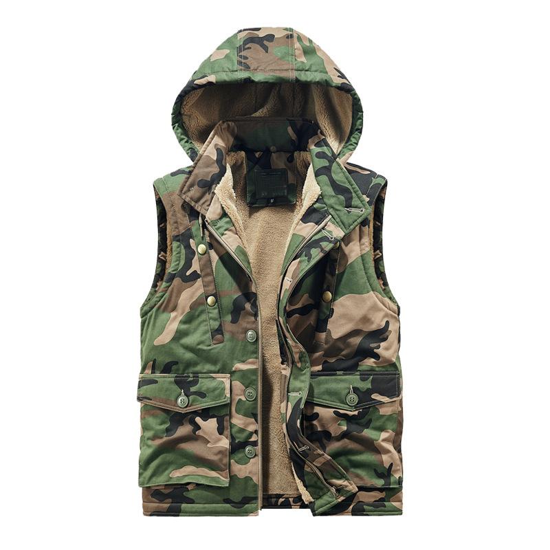 Herren-Cargoweste im Retro-Camouflage-Stil mit Plüschfutter und warmer Kapuze 73623399Y