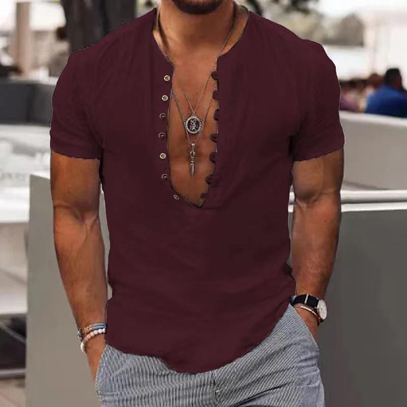 Men's Casual Solid Color Button Round Neck Short Sleeve Shirt 95053775Y