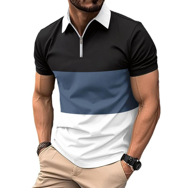 Men's Casual Color Block Printed Zip Short Sleeve Polo Shirt 74859890Y