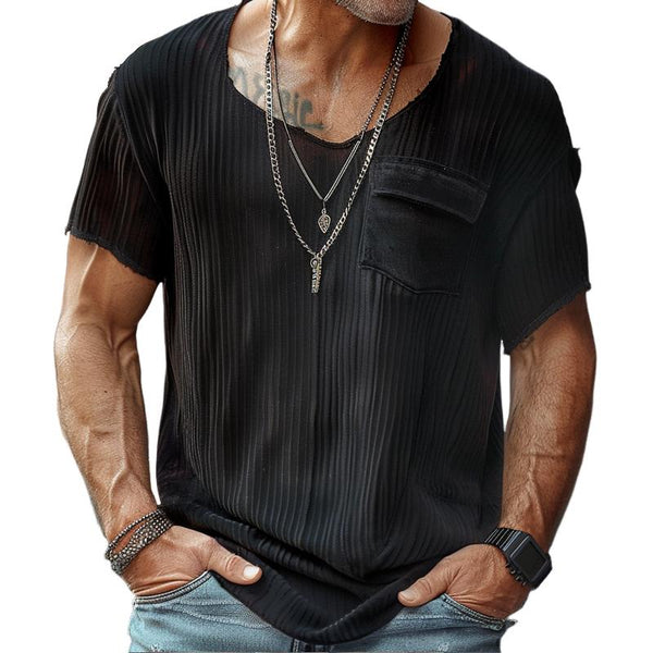 Men's Solid Color Textured Round Neck Breast Pocket Short Sleeve T-shirt 92221153Z