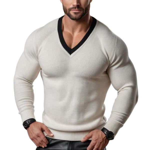 Men's Classic Comfortable Slim Fit Patchwork Color V-neck Long-sleeved Sweater 04369604K