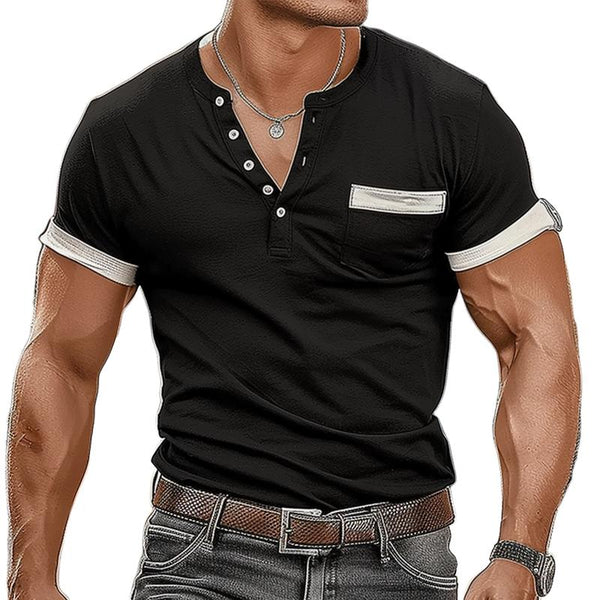 Men's Button-Down V-Neck Chest Pocket Slim Fit Short Sleeve T-Shirt 60208827Y