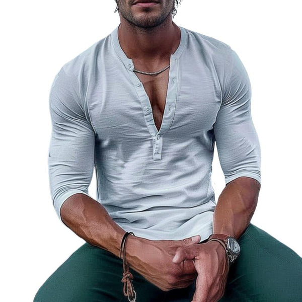 Men's Casual Solid Color Henley Neck Long Sleeve T-Shirt 01048533TO