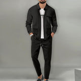 Men's Casual Solid Color Multi-Pocket Jacket And Trousers Set 91536974Y