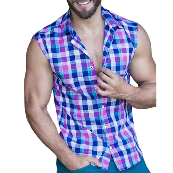 Men's Plaid Print Button-Down Sleeveless Shirt 64808064Y