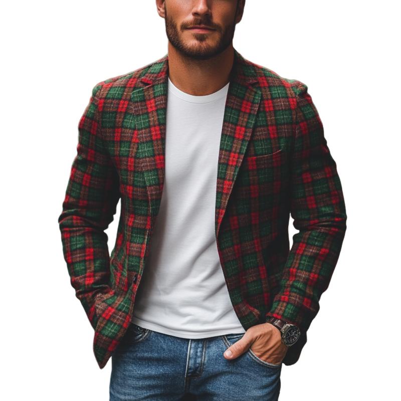 Men's Casual Notch Lapel Contrast Color Christmas Plaid Single-breasted Blazer 09626197M