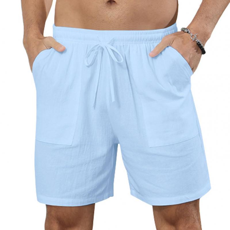 Short de plage en coton et lin de couleur unie pour homme avec cordon de serrage 66870843Y