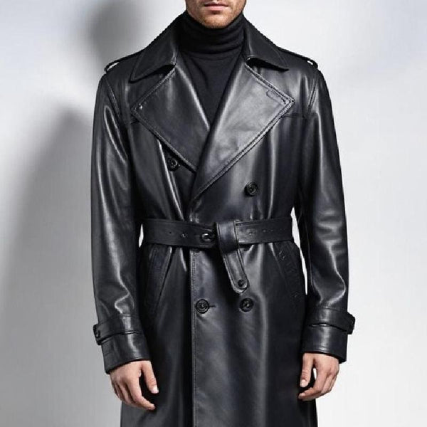 Men's Vintage Classic Knee Length Double Breasted Leather Trench Coat 11503725K