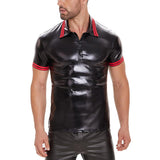 Men's Sexy Bright PU Colorblock Lapel Short Sleeve Polo Shirt 71007866M