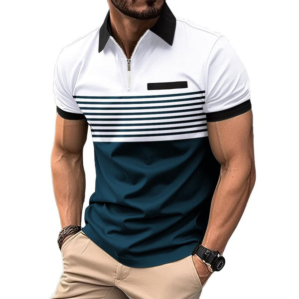 Men's Stripe Print Zipper Short Sleeve Polo Shirt 09586485Y