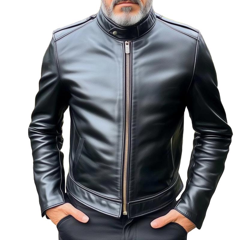 Men's Retro Casual Solid Color Motorcycle Style Zipper Leather Jacket 38796431TO