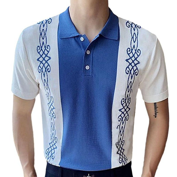 Men's Casual Contrast Color Jacquard Breathable Knitted Short-Sleeve Polo Shirt 97267050M