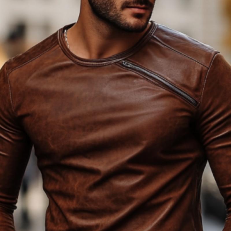 Men's Casual Fashionable Round Collar Slim Fit Leather Long Sleeve T-shirt 80728107K