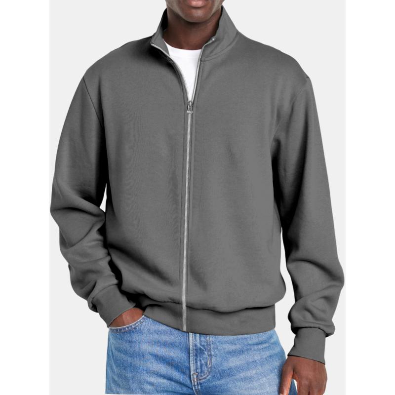 Men's Solid Color Zipper Stand Collar Long Sleeve Sweatshirt Jacket 58782049Y