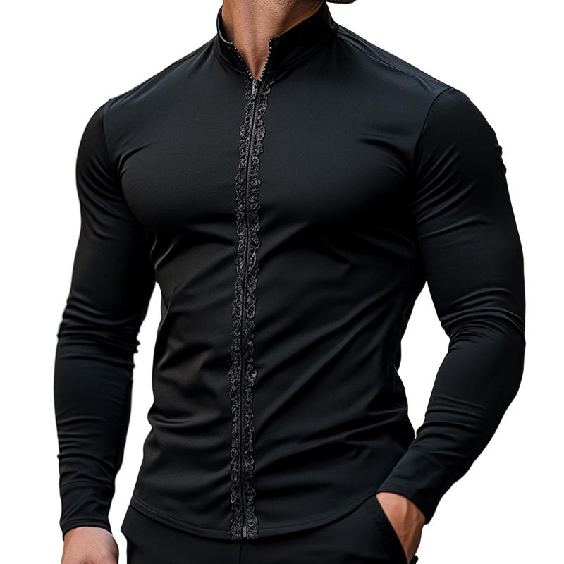 Men's Retro Casual Stand Collar Zipper Long Sleeve Shirt 62589906TO