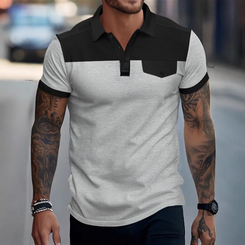 Men's Casual Waffle Colorblock Patchwork Lapel Slim Short-sleeved Polo Shirt 36202244M