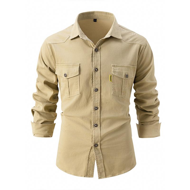 Men's Solid Cotton Lapel Flap Pockets Casual Shirt 92377753Z