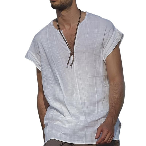 Men's Cotton And Linen Solid Loose V Neck Short Sleeve T-shirt 44298770Z