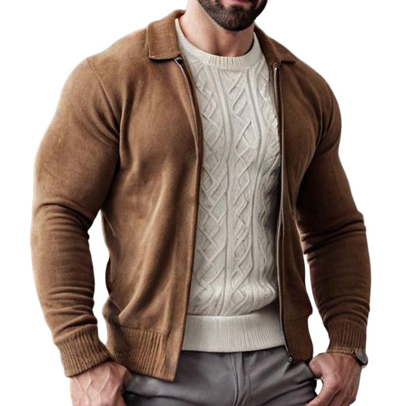 Men's Retro Casual Solid Color Zipper Lapel Knitted Cardigan 19798024TO