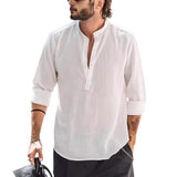 Men's Classic Casual Stand Collar Solid Color Bamboo Cotton and Linen Long Sleeve Shirt 19376731K