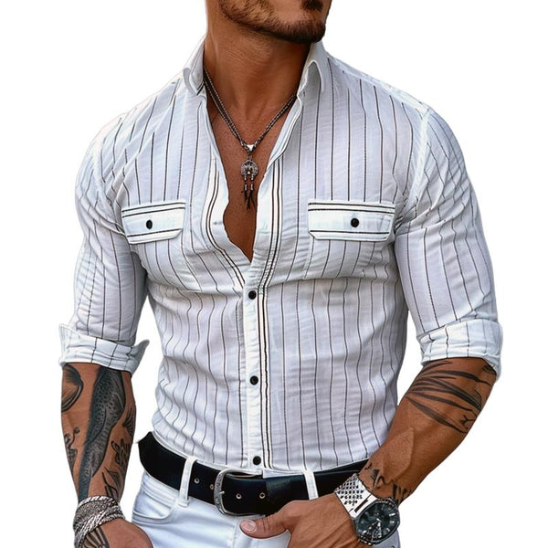 Men's Fashion Striped Lapel Chest Pocket Long Sleeve Shirt 49788477Z