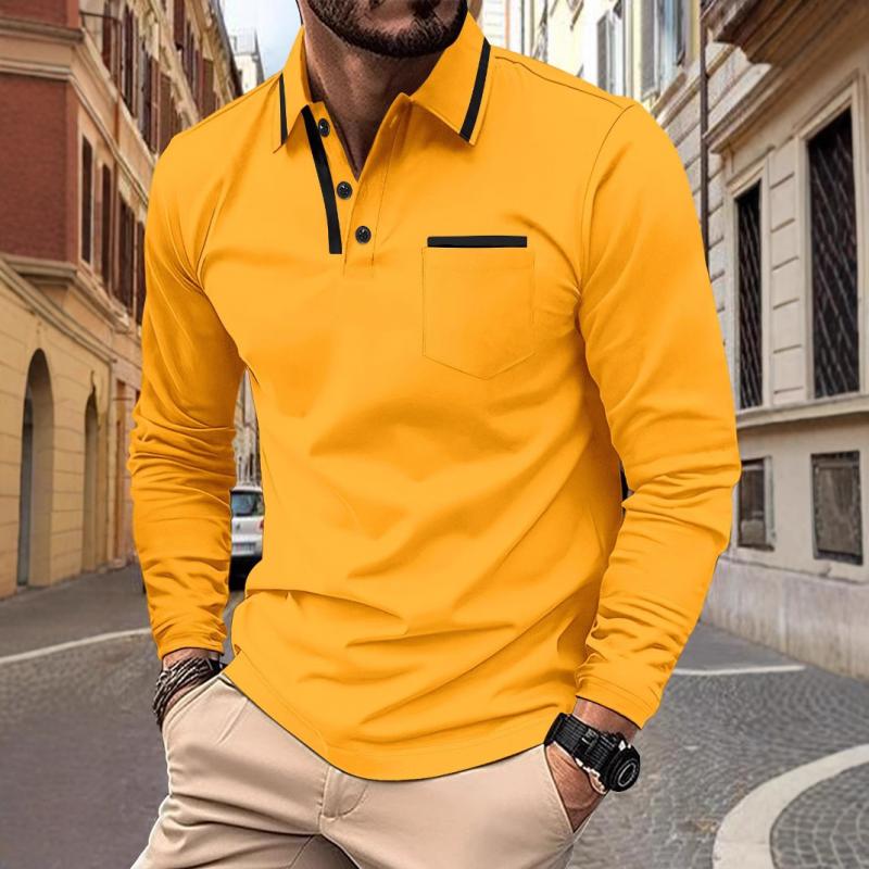 Men's Colorblock Lapel Chest Pocket Long Sleeve Polo Shirt 72686142Y