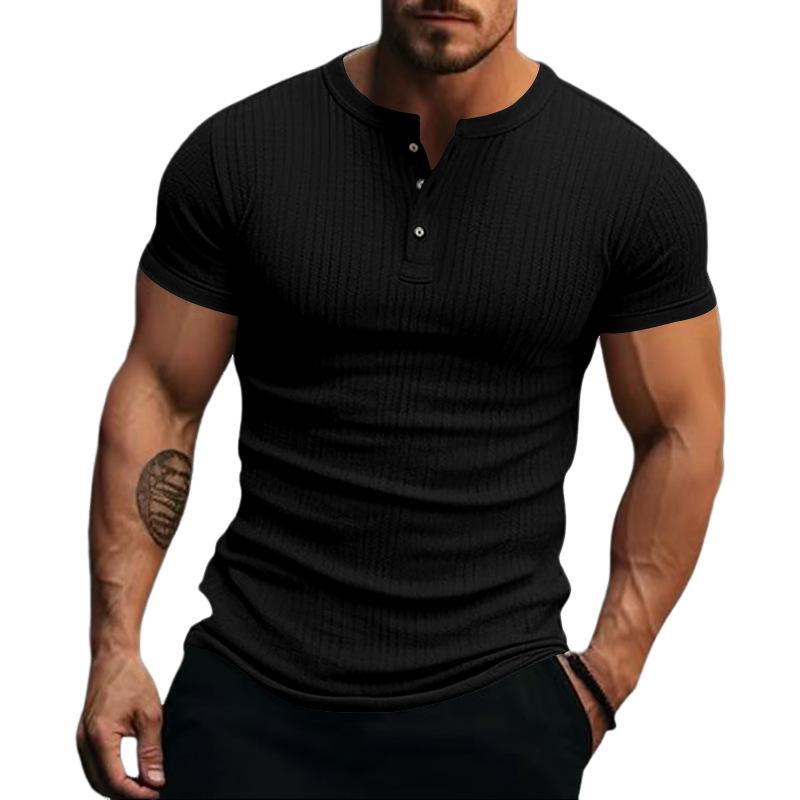 T-shirt Henley à manches courtes en tricot extensible décontracté pour hommes 00095453X