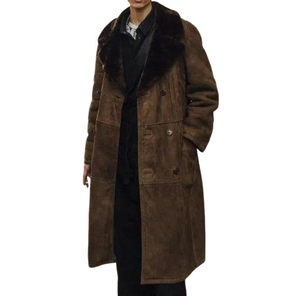 Men's Classic Retro Casual Quilted Fur Collar Suede Long Coat 78614424K