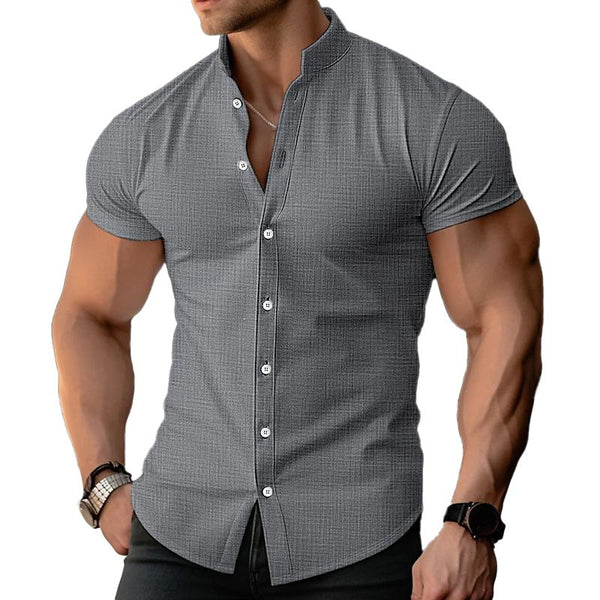 Men's Solid Linen Stand Collar Short Sleeve Single Breasted Shirt 84768788Z