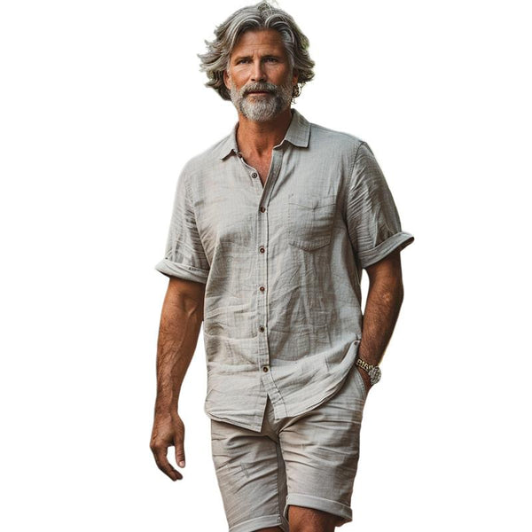 Men's Cotton and Linen Casual Short-sleeved Shirt and Shorts Two-piece Set 31844117X