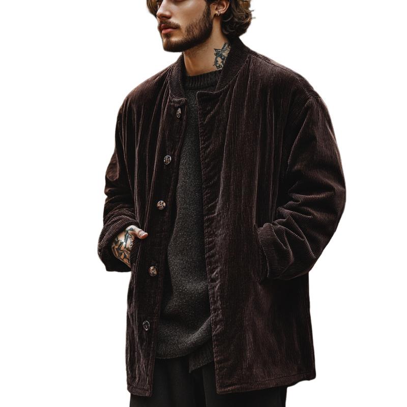 Men's Solid Color Corduroy Round Neck Single Breasted Mid-Length Trench Coat 42268604Y