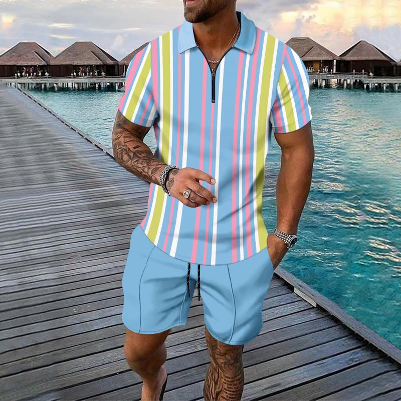 Men's Striped Print Short Sleeve Polo Shirt and Shorts Set 68148622Y