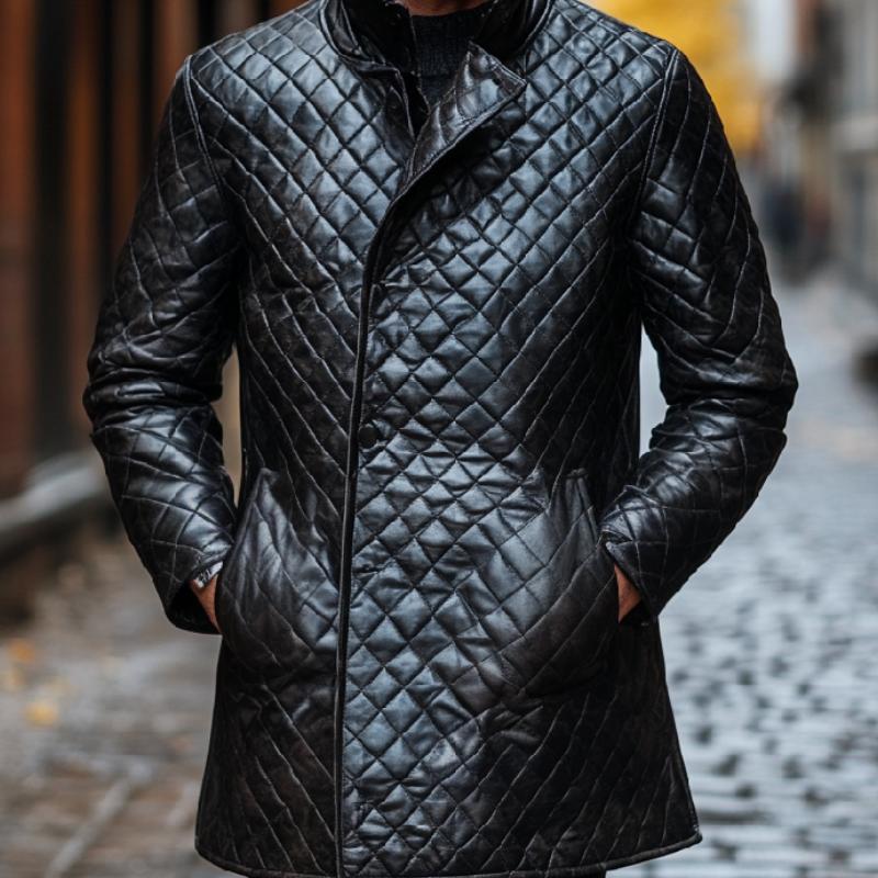 Men's Versatile Stand Collar Mid-length Quilted Leather Coat 20344456F