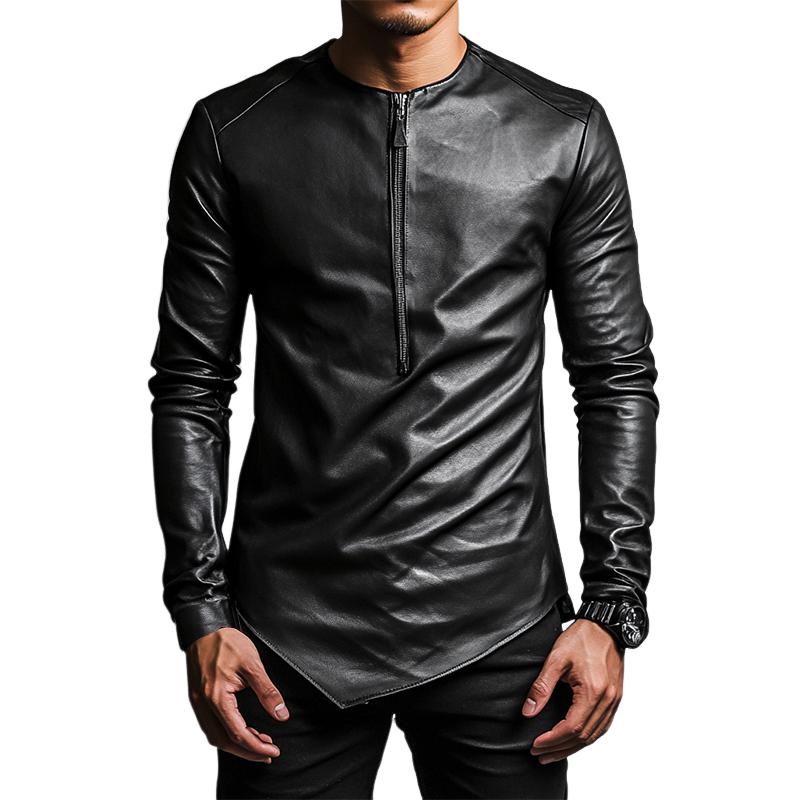 Men's Casual  Round Neck Irregular Hem Leather Long Sleeve T-shirt 82551647K