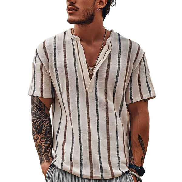 Men's Striped Henley Collar Short Sleeve Shirt 60161060Z