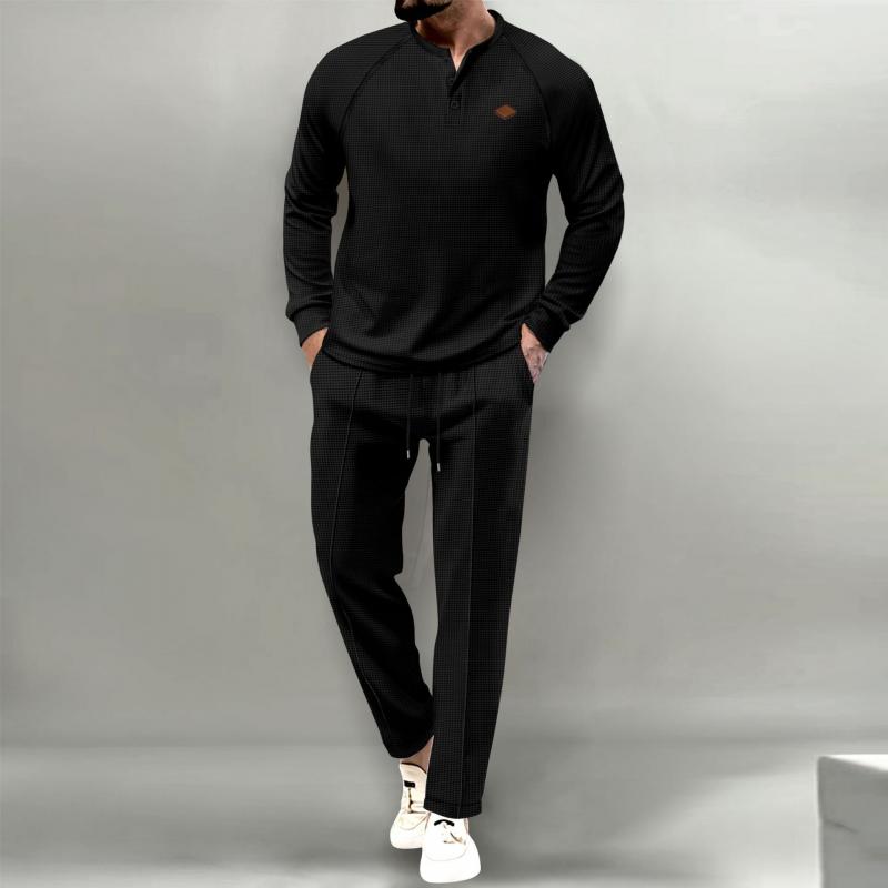 Men's Solid Waffle Henley Collar Long Sleeve T-shirt Trousers Casual Set 89658344Z